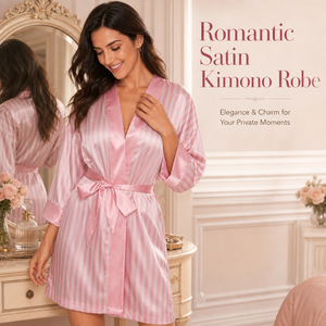 Al por mayor: Bata de satén rosa a rayas para mujer, tipo seda de poliéster, camisón corto, ropa de descanso, OEM ODM personalizado - Product Image 2