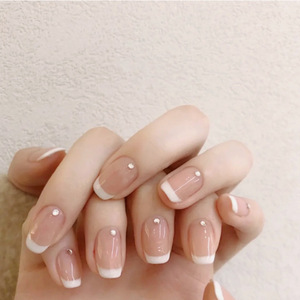 Uñas postizas francesas rosas con diamantes de imitación, puntiagudas, listas para usar, parches de arte de uñas. - Product Image 3