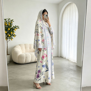 Elegant Floral Print Abaya <b>Set</b> for Women Crepe Chiffon Open Front Muslim Dress With Hijab Ramadan Eid <b>Modest</b> Wear - Product Image 1
