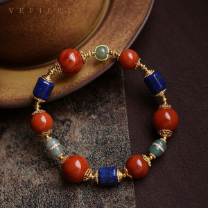 Pulsera Elástica de Cuentas Mixtas de Ágata Roja Natural y Lapislázuli con Separadores en Tono Dorado para Mujer, Joyería al por Mayor - Product Image 4