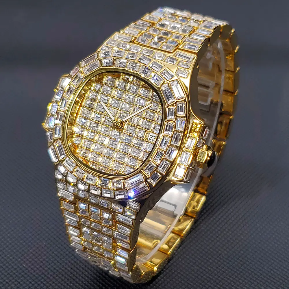 Dropshipping Luxury Iced Out Man Quartz Watches Men's Watch Full Diamond Waterproof Gold Hip Hop Date Clock