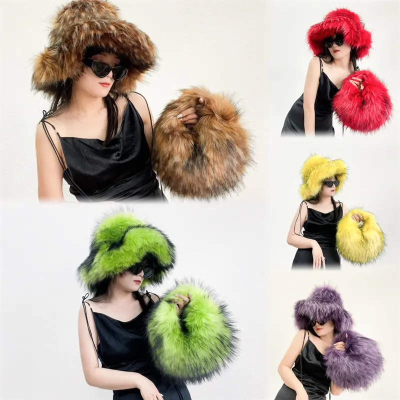 Y2k Hot Girls Small Half Moon Bag Set Women Luxury Furry Wrist Handbag Gothic Punk Faux Raccoon Fur Clutch Purses Bags With Hat