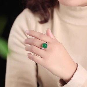 Elegant Oval Simulated Jade Green Chalcedony Open Ring Women Vintage Adjustable Jewelry Gift Bezel Setting - Product Image 1