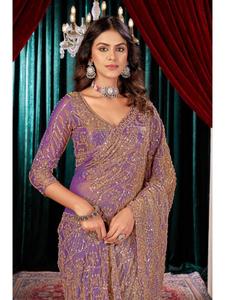 Fandy <b>Satin</b> Heavy Beaded Embroidery Saree with Luxury Designer <b>Blouse</b> Set Dry Clean Only for Women Wedding Events Festival - Product Image 4