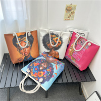 Sac fourre-tout en toile avec impression artistique de fille africaine noire, motif de dessin animé amusant, poignée en corde noire, sacs à bandoulière confortables pour le shopping