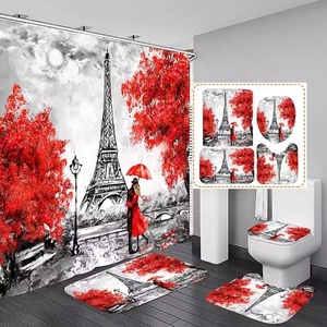 Nouveau San Valentine Love Tree Rose 4Pcs <span class=keywords><strong>Paris</strong></span> Tour Eiffel Ensembles de rideaux de douche avec tapis antidérapants - Product Image 2