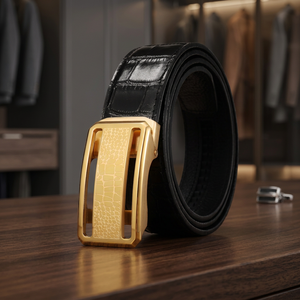 Ceinture en cuir de vachette noir formel pour homme avec boucle rectangulaire dorée, durable, moulée en une seule pièce - Product Image 2