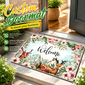 Tapis <span class=keywords><strong>de</strong></span> bienvenue personnalisé style ferme avec bordure surpiquée, lavable, motif floral et <span class=keywords><strong>cerf</strong></span>, idéal pour l'entrée et les fêtes <span class=keywords><strong>de</strong></span> déménagement - Product Image 1