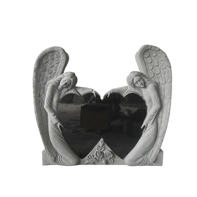 Double Heart Shaped Two Angels Black Granite Memorial Headstones Tombstone