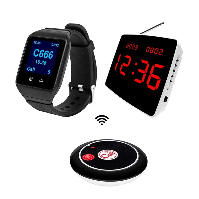Cafe Bar Guest Service Paging System Call Buttons with Screen Vibrating Watch Beeper Receiver Wireless Call Pager for Restaurant