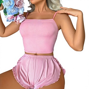 Women 2-Piece Breathable V-neck Knitted Lounge Set Sleeveless Crop Top Drawstring Shorts Solid Gray Casual Summer Eco-Friendly - Product Image 5