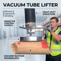 Lève-chargeur à tube sous vide Averguard 40 kg pour la manutention de sacs et de boîtes |   Grue d'aspiration ergonomique industrielle |   Télécommande 360 °   Palans rotatifs