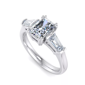 Modern Three Stone <b>Ring</b> Solid 18K White Gold IGI Certified Radiant Cut Lab Grown Diamond Accented by Straight Baguettes Unisex - Product Image 1