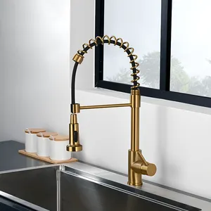 Hot Selling Multi Functional Brushed Gold Rotatable Pull Out Spring Kitchen Faucet Tap With Sprayer