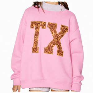 Sudaderas Extra Grandes Rosas para Mujer con Estampado de Leopardo y Letras TX, Cuello Redondo, Manga Larga, Algodón - Product Image 1