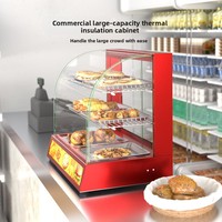 Vitrine chauffante électrique commerciale compacte à 3 niveaux en verre incurvé, rouge et noir, pour présentation de poulet frit et de plats rapides