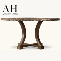 Table à manger moderne de luxe avec plateau en marbre rond, base en bois massif arqué, pour 6 personnes, meubles pour la maison et les restaurants