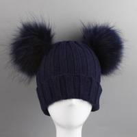 Chapeau avec Double pompon en fourrure véritable, idéal pour l'hiver et pour enfant