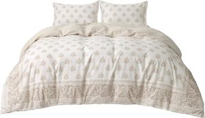 100% katoen, milieuvriendelijk, 400TC, Amerikaanse stijl dekbedovertrekset met ritssluiting, 3-delig, zacht, ademend, bloemenprint, beige, voor thuis en ziekenhuis - Product Image 2