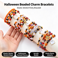 Lot de Bracelets Élastiques Empilables Mignons à Motifs de Dessins Animés (Chauve-souris, Fantôme, Perles de Cristal) pour Fêtes d'Halloween - Fournitures de Bijoux en Gros