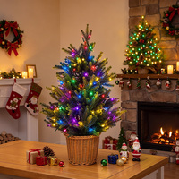 Sapin de Noël artificiel pré-éclairé avec lumières LED multicolores, panier en osier, décoration de table pour la maison et le porche