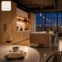 Cuisine complète sur mesure en chêne blond, style loft urbain, tiroirs à extension totale, plan de travail en quartz, fabrication OEM