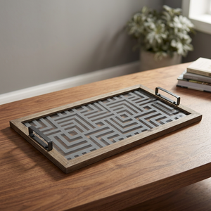Plateau en bois élégant avec design géométrique noir et blanc et poignées en métal idéales pour servir et afficher - Product Image 1