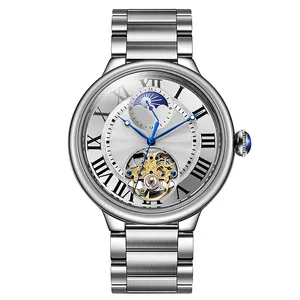 Reloj automático mecánico con logotipo personalizable para hombre de nueva moda con correa de cuero, reloj de pulsera Tourbillon resistente al agua con esqueleto