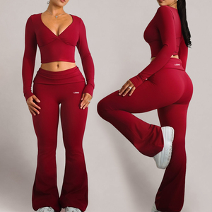 Custom Foldover Waist Yoga Pants Set Long Sleeve Cropped Top <strong>Flared</strong> <strong>Leggings</strong> Two Piece Gym Workout Wear for <strong>Women</strong> - Product Image 1