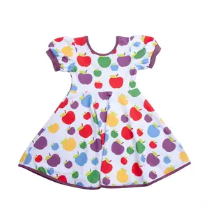 Toddler Girls Casual Wear Apple Print Cotton Twirl Dress Puff Sleeve Round Neck Scoop Back A Lined Dresses