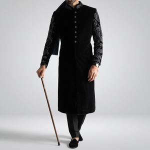 NEW--LATEST DESIGN of ZARI & RESHAM EMBROIDERY WORK on STYLISH BLACK SHERWANI WITH <b>PANT</b> Men's Suits & Blazer>Men's Suits - Product Image 3
