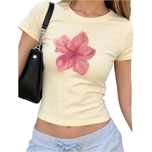 Floral Graphic Crop Top Women Short Sleeve Slim Fit Summer T <b>Shirt</b> <b>Y2k</b> Trendy 100% Cotton Jersey Breathable Preppy Style - Product Image 1