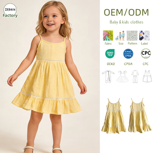 Vestido de tirantes finos de <span class=keywords><strong>gasa</strong></span> orgánica arrugada para niñas, con ribete de encaje amarillo y dobladillo con volantes, ideal para el verano. - Product Image 1