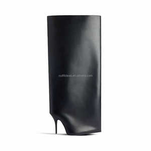 Nouvelle Botte Haute pour Femme en Cuir de Veau Mat à Talon Aiguille, Volume Exagéré, Coupe Droite, Jambe Large, Modèle Wader 110mm, Noire - Product Image 3
