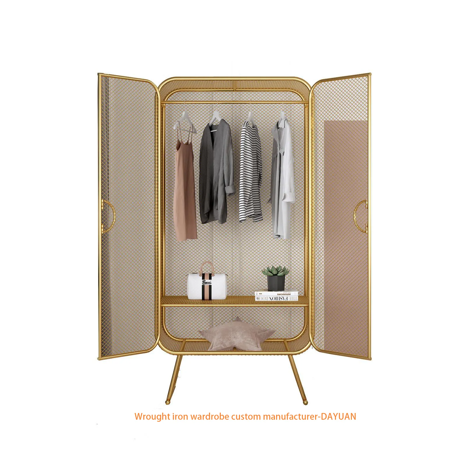 Armário de metal de exibição de loja de roupas de guarda-roupa único OEM/ODM grade de ferro forjado dourado para hotel Suíte
