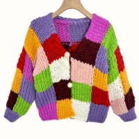 Pull cardigan d'hiver fait main E&L pour femmes, couleur bonbon, motif géométrique, design carré, style doux, fermeture à boutons