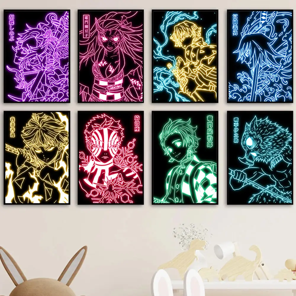 Poster gaya Neon lukisan Anime Jepang gambar seni dinding kanvas Dekor rumah ruang tamu lukisan Anime untuk kamar anak laki-laki