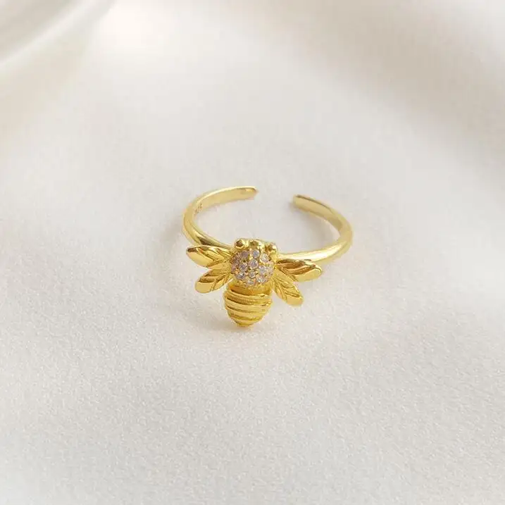Dainty Bee Insect Lovers Jewelry Animal Adjustable Open 925 Sterling Silver Gold Plated Bee Ring For Women