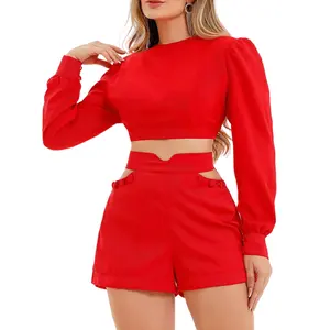 HK3080 New Arrival Long Sleeve Short Shirt Hollow Out High Waist Shorts Casual Outfits For Women Two Piece Set Women Clothing