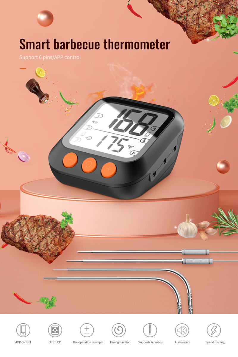 HIMOJO Tuya Wifi Smart BBQ Barbecue Grill Meat Thermometer Smart Life APP Probe Type Water Temperature Measurement
