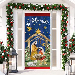 Banderas colgantes personalizables para puerta y ventana con diseño de Nacimiento de Jesús, azules, para fiestas navideñas <span class=keywords><strong>en</strong></span> el hogar, con la frase 'Joy to the World'. - Product Image 4