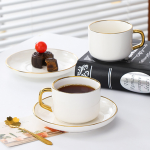 Modern 250ml Gold Handle Ceramic Tea <b>Cup</b> and <b>Saucer</b> Set White Striped Coffee <b>Cup</b> Set of 6 - Product Image 6