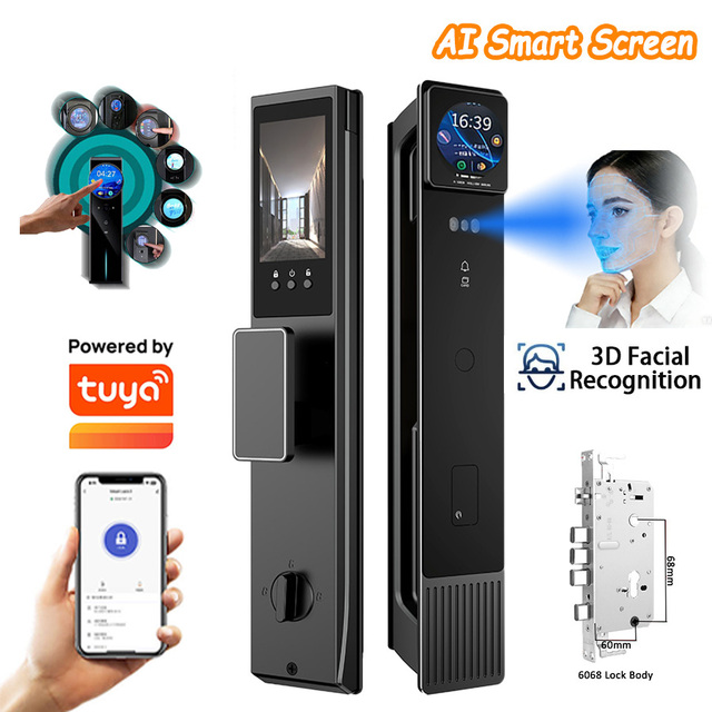 GRATEAIEN AER55 Smart Door Lock 3D Face Recognition HD Full Touch Screen Tuya Wifi Voice Message Aluminum Alloy Digital Security