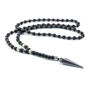 6mm Round Matte Black Onyx Beads Arrow Pendant Necklace Hematite Arrowhead Prayer Beaded Necklace Christianity Jewelry For Men
