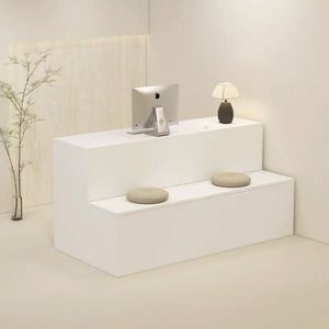 Comptoir de réception moderne blanc avec banc, table d'accueil minimaliste pour studio, salle d'exposition, hall d'entrée - Product Image 1