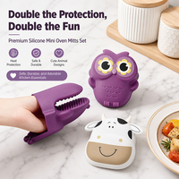 Mini-gants de four sans BPA en silicone, motif animaux mignons, résistants à la chaleur, antidérapants avec doublure, lavables au lave-vaisselle, pour grillades