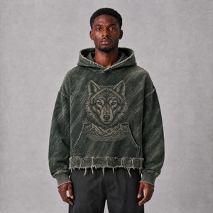 Sudadera con Capucha Corta y Holgada para Hombre, 420GSM, Algodón French Terry, Verde Bosque, Lavado Ácido y Desgastado, Logotipo Personalizado, Ropa Urbana al por Mayor - Product Image 1
