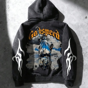 Sweat à capuche d'hiver surdimensionné, coupe carrée et courte, avec logo personnalisé, imprimé graphique numérique, style streetwear rétro, effet délavé et vieilli, épaules tombantes - Product Image 2