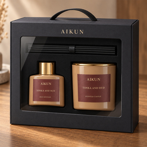Coffret Cadeau Parfum d'Ambiance Boisé Chaleureux Aikun Taupe avec Bordure Dorée, Incluant Diffuseur à Bâtonnets Noirs et Bougie Parfumée pour l'Entrée en Maison - Product Image 3
