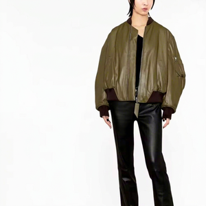 Chaqueta de cuero puro de diseño de moda de alta calidad para mujer, chaqueta Bomber de cuero para motocicleta para mujer - Product Image 1